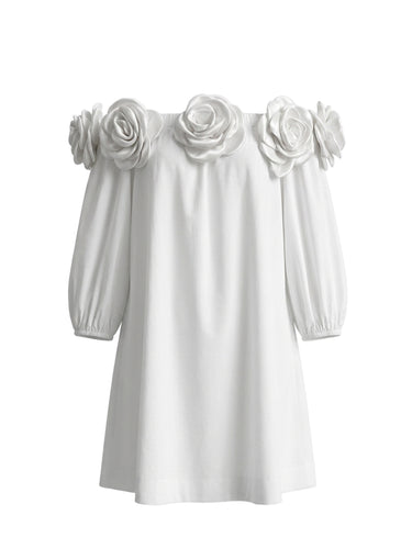 Halve mouwen Losse zakken Effen kleur Driedimensionale bloem Off-the-shoulder mini-jurken