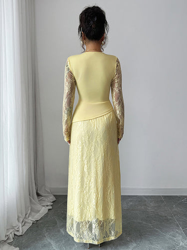 1721789 A-Line Irregularity Asymmetric Flower Print Layered See-Through Solid Color Split-Joint Round-Neck Maxi Dresses