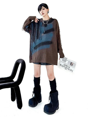1720249 Irregularity Long Sleeves Abstract Printed Asymmetric Contrast Color Split-Joint Tasseled Round-Neck Sweater Tops