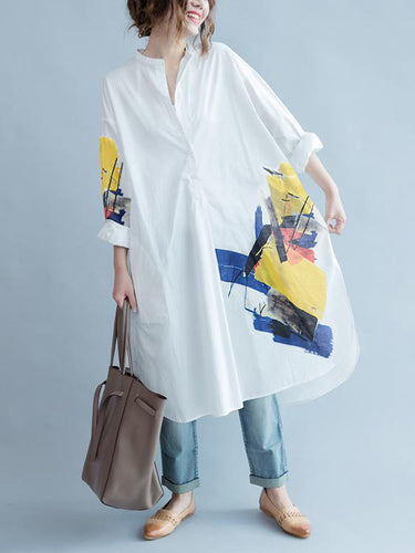 Abito da camicia a maniche lunghe con stampato asimmetrico bianco
