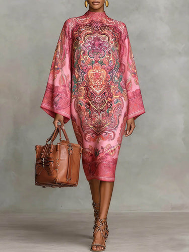 Long Sleeves Loose Contrast Color Printed Mock Neck Midi Dresses Long Sleeves Loose Contrast Color Printed Mock Neck Midi Dresses