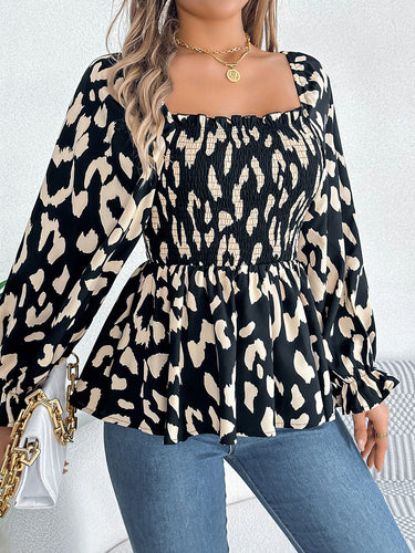 1756014 Long Sleeves Puff Sleeves Leopard Pleated Ruffled Square-Neck T-Shirts Tops