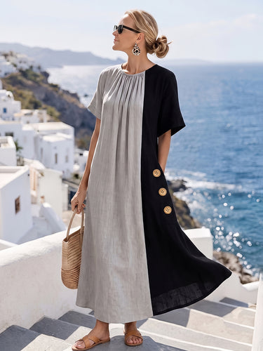 1786681 A-Line Half Sleeves Buttoned Contrast Color Pleated Pockets Round-Neck Maxi Dresses