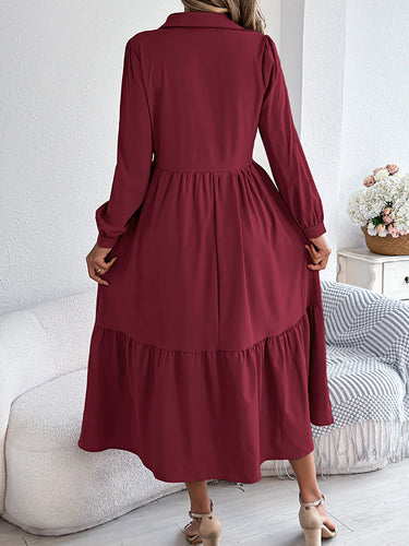 1713698 High Waisted Long Sleeves Pleated Ruffled Solid Color Lapel Midi Dresses Shirt Dress