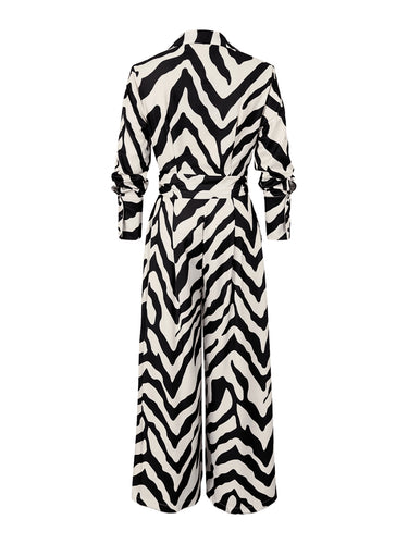 Long Sleeves Wide Leg Split-Joint Tied Waist Zebra Printed Lapel Jumpsuits