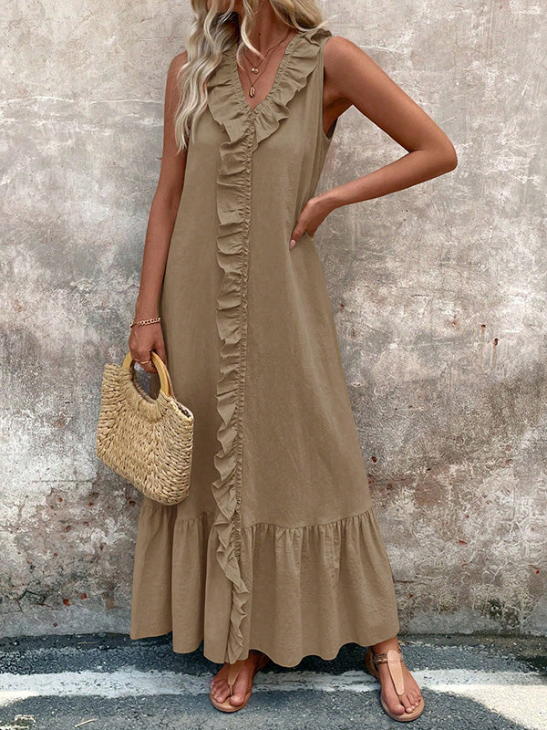 Solid Ruffle Trim A-Line Loose Pleated Ruffle Trim Solid Color V-Neck Maxi Dresses ...