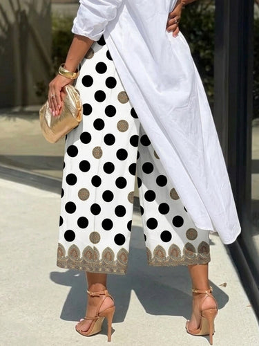 1782501 High Waisted Wide Leg Contrast Color Elasticity Pockets Polka-Dot Printed Ninth Pants
