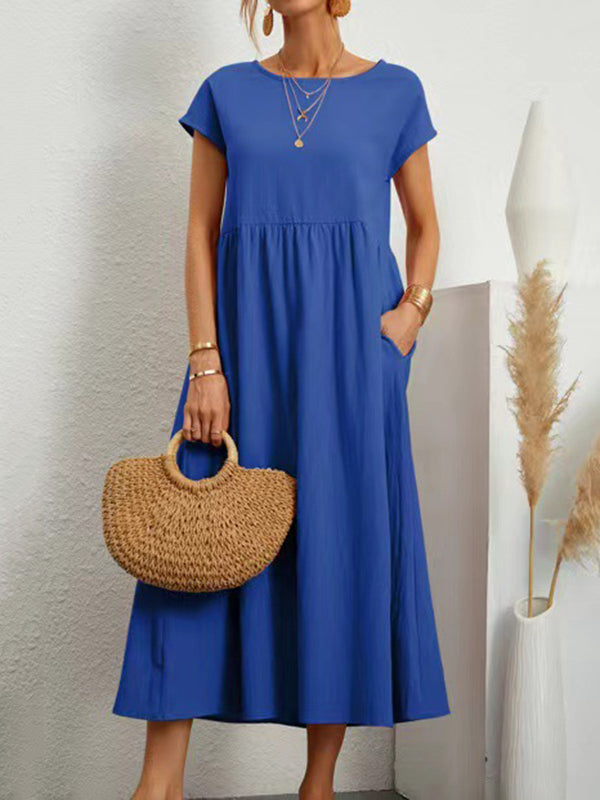 Loose Long Pile Sleeves Pleated Solid Color Round-Neck Midi Dresses main image 1