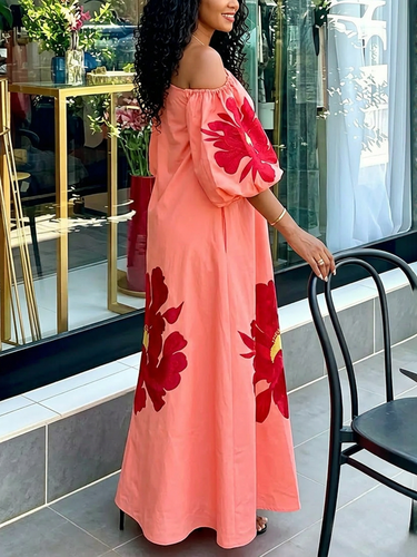 1784086 Puff Sleeves Three-Quarter Sleeves Contrast Color Elasticity Flower Print One-Shoulder Maxi Dresses