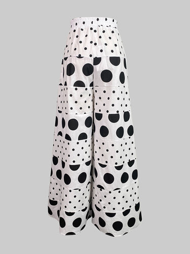 1668165 High Waisted Loose Contrast Color Elasticity Pockets Polka-Dot Split-Joint Pants Trousers