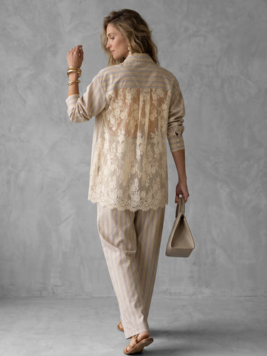 1784687 High-Low Long Sleeves Buttoned Pockets See-Through Split-Joint Striped Lapel Blouses&Shirts Tops