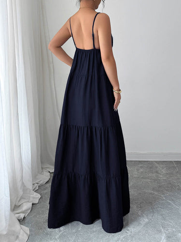 1766184 A-Line Sleeveless Backless Drawstring Pleated Solid Color Spaghetti-Neck Maxi Dresses
