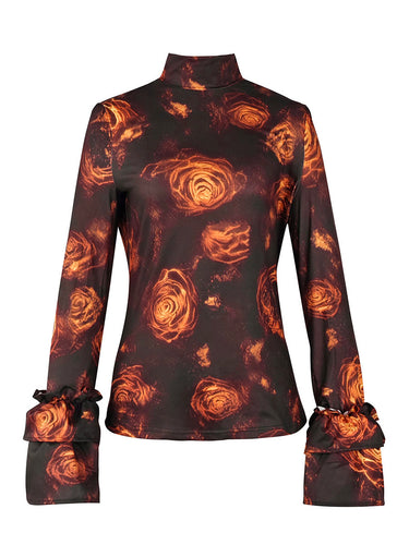 Blusen und Hemden mit ausgestellten Ärmeln, langen Ärmeln, Blumenmuster und hohem Kragen 