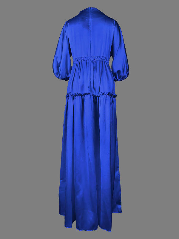 High Waisted Puff Sleeves Falbala Solid Color V-Neck Maxi Dresses ...