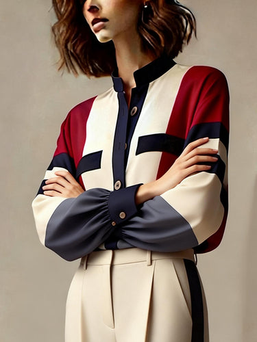 1739926 Long Sleeves Loose Buttoned Contrast Color Split-Joint Stand Collar Blouses&Shirts Tops