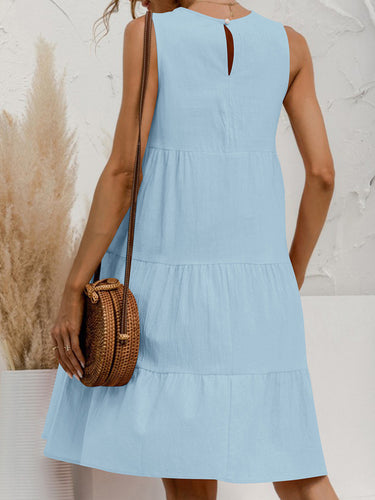 1773594 A-Line Loose Pleated Solid Color Tiered Round-Neck Mini Dresses