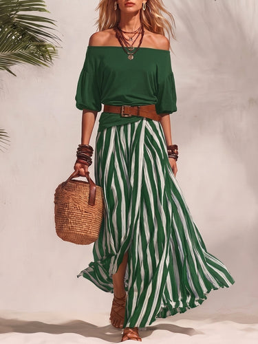 1785784 Half Sleeves Solid Color Off-The-Shoulder T-Shirts Tops + Belted Contrast Color A-Line Striped Skirts Bottoms Two Pieces Set