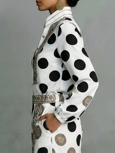 1780057 Long Sleeves Loose Buttoned Contrast Color Polka Dot Printed Stand Collar Blouses&Shirts Tops