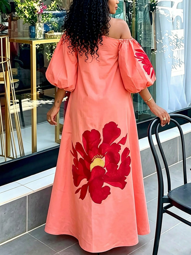 1784085 Puff Sleeves Three-Quarter Sleeves Contrast Color Elasticity Flower Print One-Shoulder Maxi Dresses