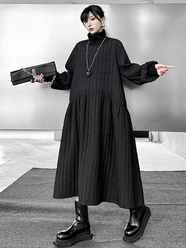 1720217 A-Line Long Sleeves Embossed Pockets Quilted Solid Color Split-Joint High Neck Midi Dresses Sweater Dresses