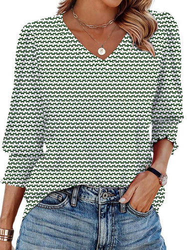 1752307 Long Sleeves Loose Contrast Color Pleated Printed Split-Joint V-Neck T-Shirts Tops