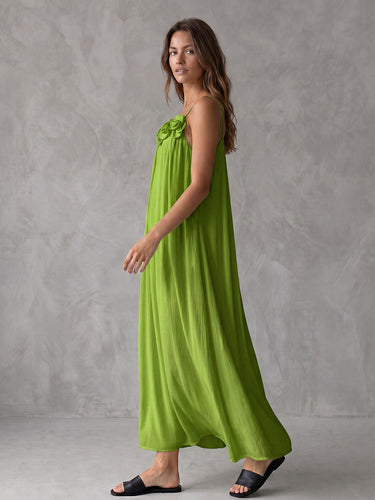 1778885 A-Line Loose Solid Color Three-Dimensional Flower Spaghetti-Neck Midi Dresses