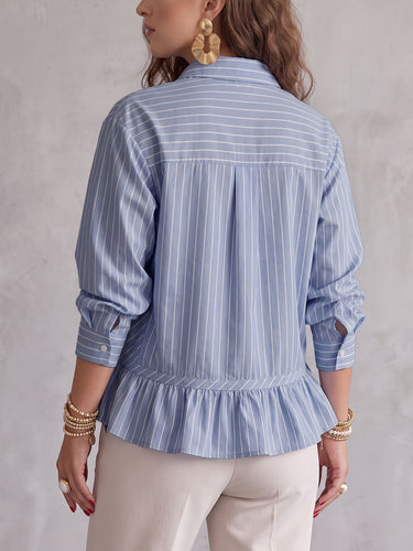 1788198 Striped Split-Joint Ruffle Trim Pockets Contrast Color Buttoned Loose Long Sleeves Lapel Blouses&shirts Tops