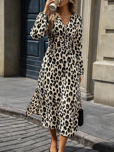 1728905 Elasticated Waist High Waisted Contrast Color Leopard Pleated Split-Joint V-Neck Maxi Dresses