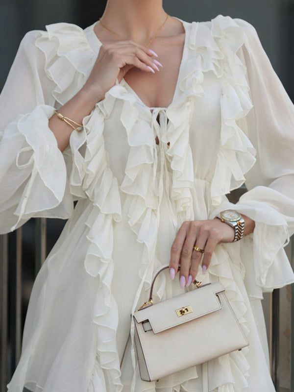 High-Low Loose Ruffle Trim Solid Color Tied Waist V-Neck Maxi Dresses main image 0
