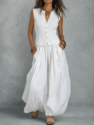 1786461 Loose Sleeveless Buttoned Ribbed Knit Solid Color V-Neck Vest Top
