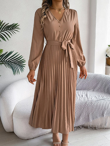 1713845 High Waisted Long Sleeves Belted Buttoned Pleated Solid Color V-Neck Maxi Dresses