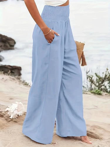 Elasticated Waist High Waisted Pleated Pockets Solid Color Split-Joint Pants