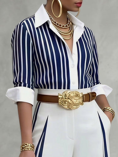 Long Sleeves Buttoned Contrast Color Striped Lapel Blouses&Shirts Tops
