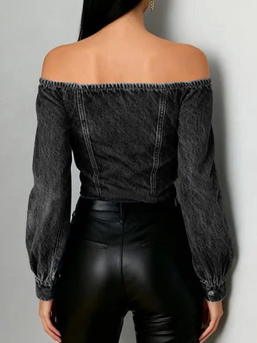 1756599 Irregularity Long Sleeves Buttoned Pleated Solid Color Split-Joint Off-The-Shoulder Blouses&Shirts Tops