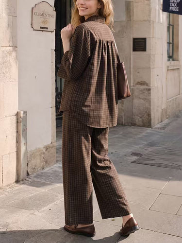 1788748 Solid Color Plain Flared Sleeves Buttoned Lapel Pleated Blouses&Shirts Tops + High Waisted Pockets Pants Trousers Two Pieces Set