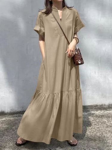 Vestidos maxi de cuello en V de color sólido suelto de una línea A