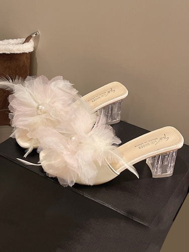 1775881 Square Heel Feathers Open Toe Three-Dimensional Flower Sandals