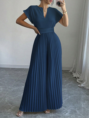 1648115 Loose Short Sleeves Pleated Solid Color Split-Joint V-Neck Jumpsuits