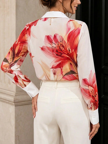 1783075 Long Sleeves Buttoned Contrast Color Flower Print Lapel Blouses&Shirts Tops