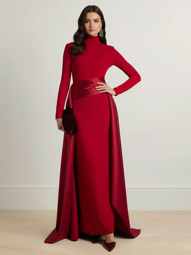 1725206 Bodycon Elasticated Waist Asymmetric Solid Color Split-Joint High Neck Maxi Dresses