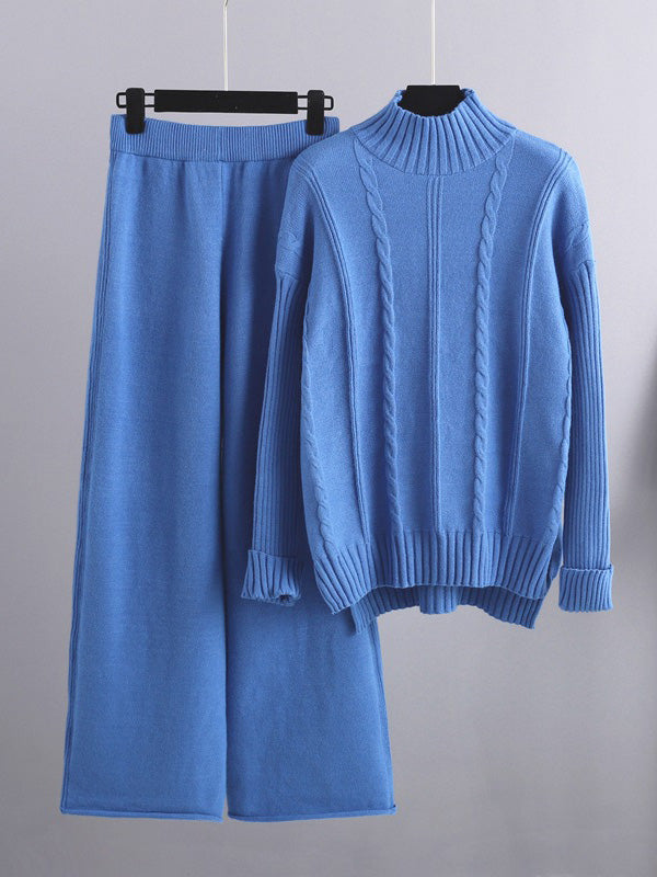 Urban High-Low Wide Leg Split-Side Solid Color Half Turtleneck Sweater Tops Pants Two Pieces Set