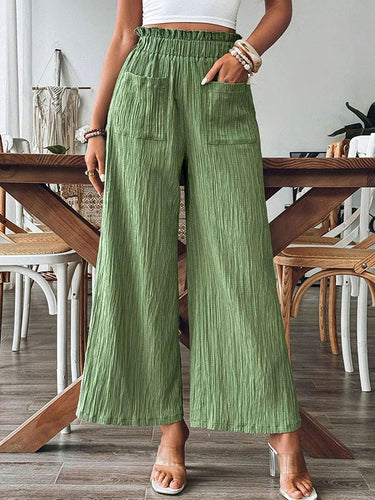 Loose Wide Leg Elasticity Pleated Pockets Solid Color Split-Joint Pants Trousers
