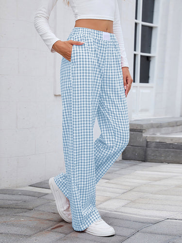 1748476 Elasticated Waist High Waisted Contrast Color Plaid Pockets Split-Joint Pants Trousers