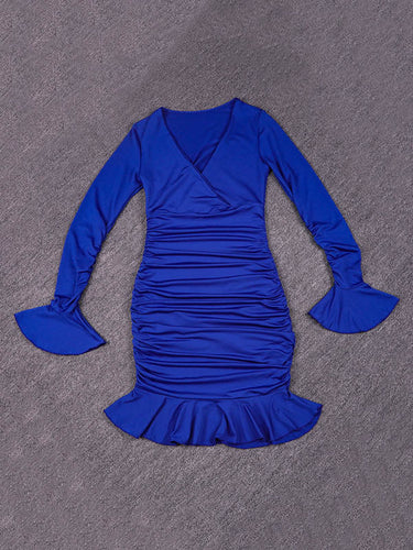 1726383 Bodycon Elasticated Waist Pleated Ruffled Solid Color Split-Joint V-Neck Midi Dresses