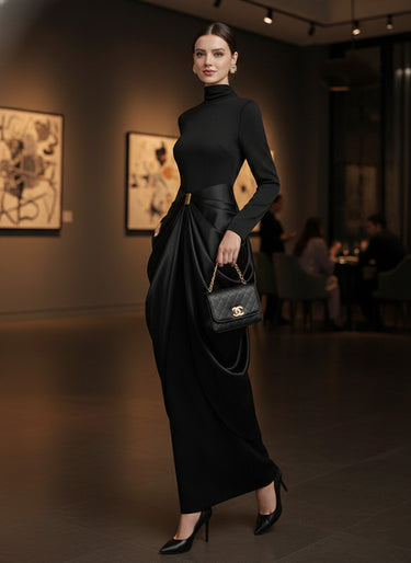 Long Sleeves Buckle Draped High-Neck Evening Dresses Maxi Dresses