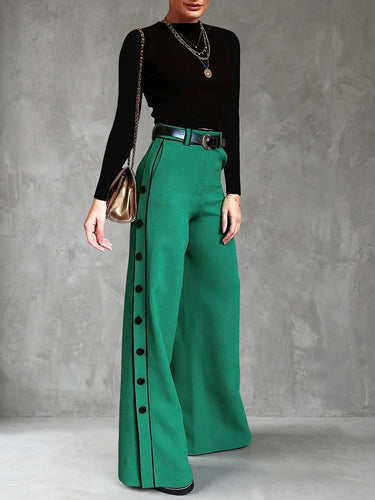 1777484 High Waisted Wide Leg Buttoned Contrast Color Line Pockets Pants Trousers