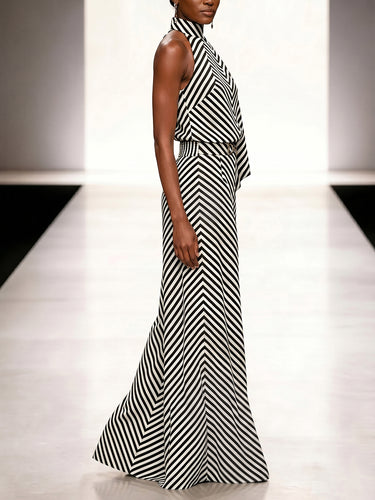 1779896 High Waisted Loose Buckle Contrast Color Elasticity Striped Pants Trousers