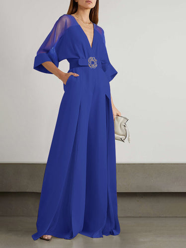 1656630 Effen kleur split-front contrasterende kleur gebonden taille hoog getailleerde V-hals jumpsuits