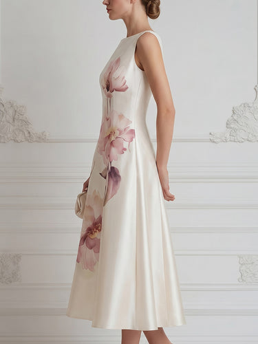 1785873 A-Line High Waisted Flower Print Zipper Round-Neck Midi Dresses