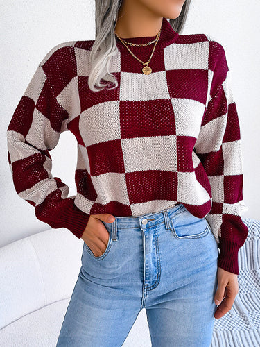 1713652 Long Sleeves Loose Contrast Color Plaid Round-Neck Sweater Tops